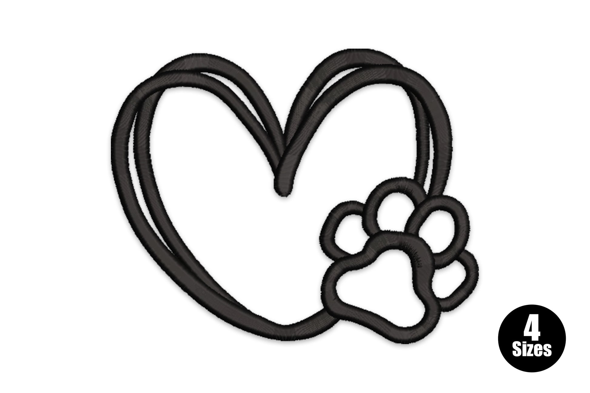 Pet love outline heart embroidery design, sketchy hand-drawn heart with paw print at base, single color black, 4 sizes 1 to 4 inches