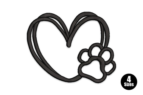 Pet love outline heart embroidery design, sketchy hand-drawn heart with paw print at base, single color black, 4 sizes 1 to 4 inches