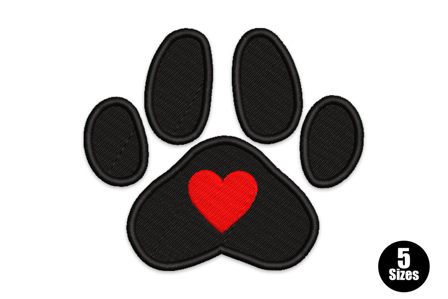 Pet love paw heart embroidery, bold black paw print with a solid red heart centered in the main pad, clean fill design.