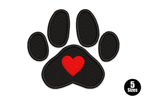 Pet love paw heart embroidery, bold black paw print with a solid red heart centered in the main pad, clean fill design.