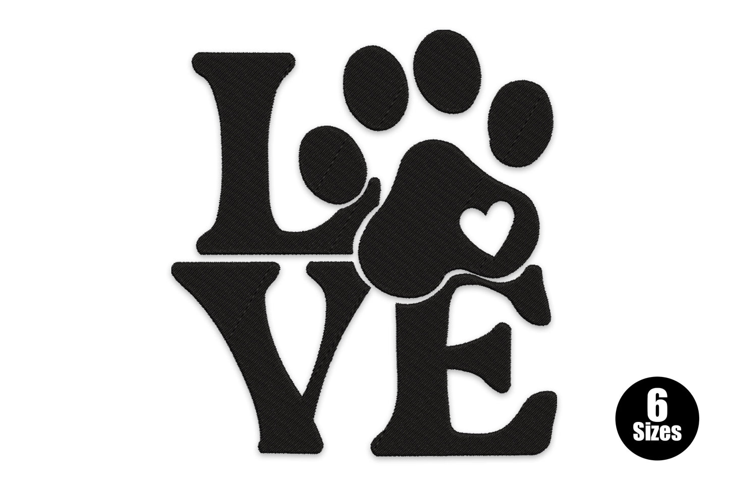LOVE embroidery with a dog paw print replacing the O, heart cut into the heel pad, bold black satin letters on white.