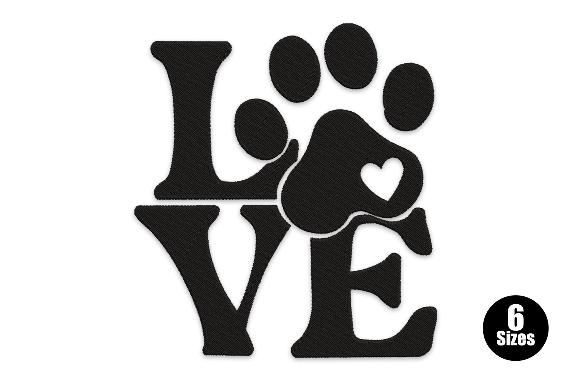 LOVE embroidery with a dog paw print replacing the O, heart cut into the heel pad, bold black satin letters on white.