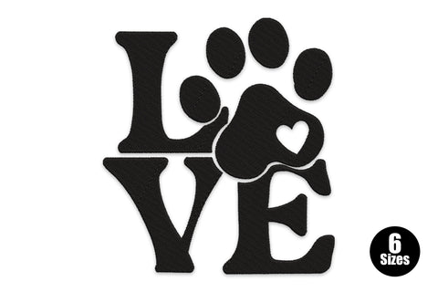 LOVE embroidery with a dog paw print replacing the O, heart cut into the heel pad, bold black satin letters on white.