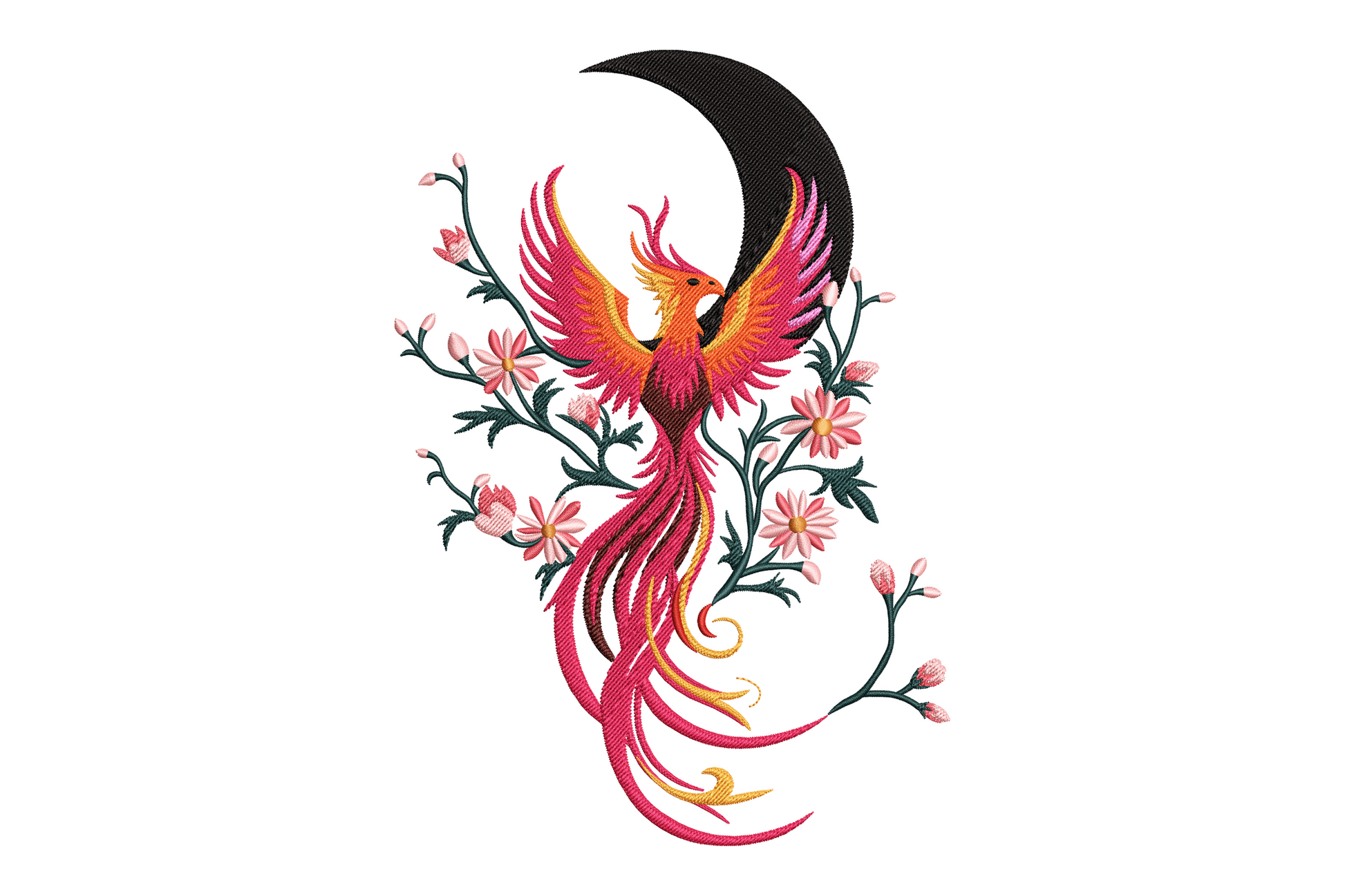 Phoenix bird embroidery with wings fully spread, amber and gold feather tips on deep scarlet body, machine embroidery design on white background