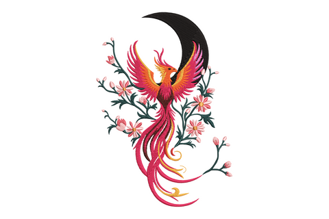 Phoenix bird embroidery with wings fully spread, amber and gold feather tips on deep scarlet body, machine embroidery design on white background