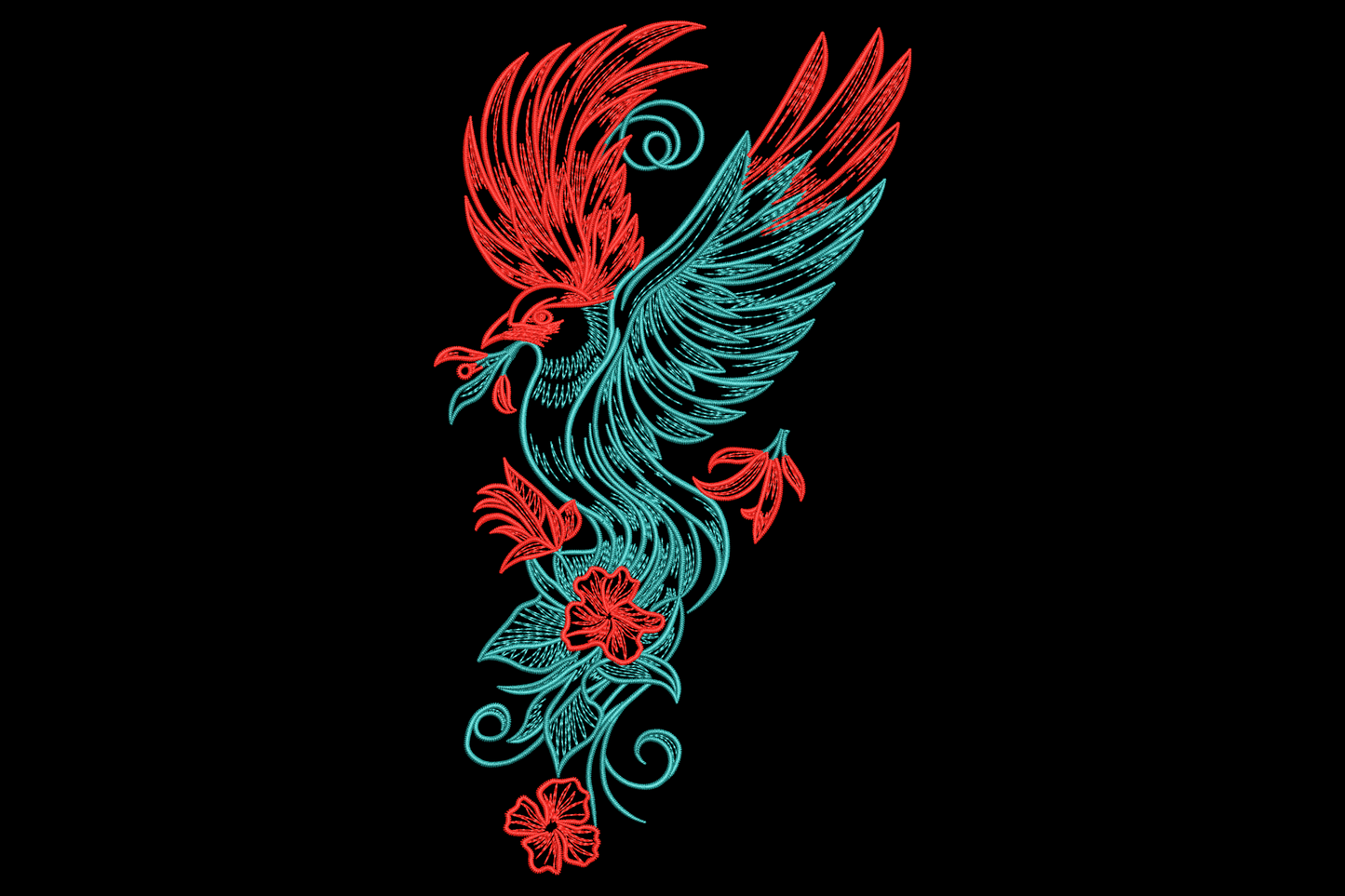 Phoenix bird embroidery with crimson red body, teal aqua wing outlines and hibiscus floral stems at base on black background.