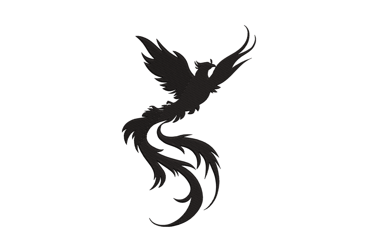 Phoenix bird silhouette embroidery design, solid black fill, wings spread mid-flight with long curling tail plumes, on white background.