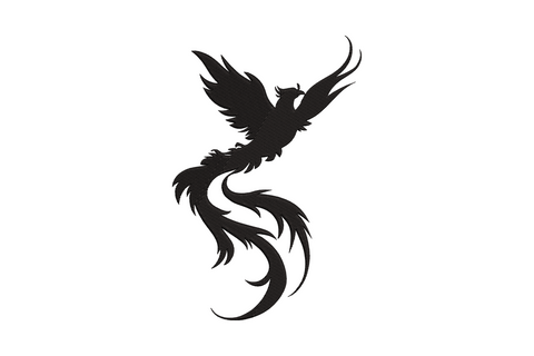 Phoenix bird silhouette embroidery design, solid black fill, wings spread mid-flight with long curling tail plumes, on white background.