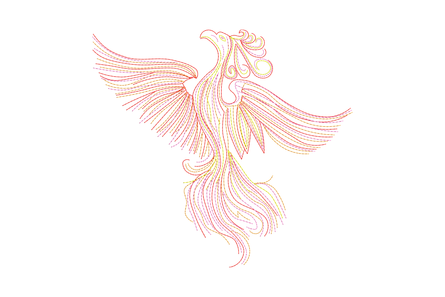 Phoenix line art embroidery design in warm coral, pink and yellow running stitches showing a phoenix in full upward flight with spread wings and streaming tail feathers.