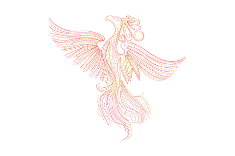 Phoenix line art embroidery design in warm coral, pink and yellow running stitches showing a phoenix in full upward flight with spread wings and streaming tail feathers.