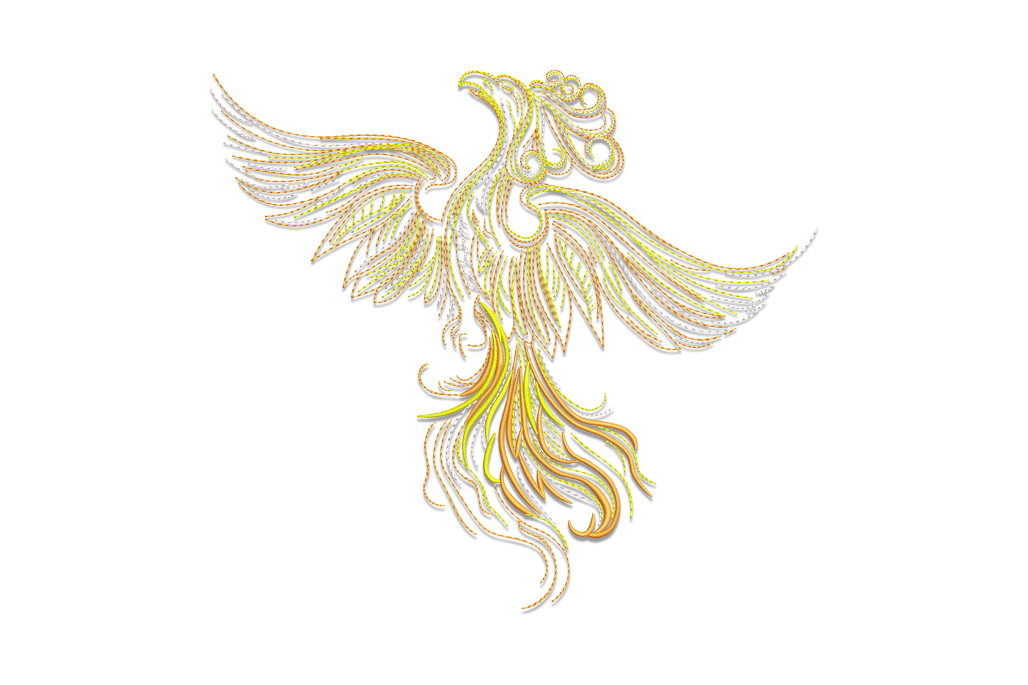 Phoenix line art multicolor embroidery design in gold, yellow and silver-white running stitches showing a phoenix in full flight with spread wings and flowing tail feathers.