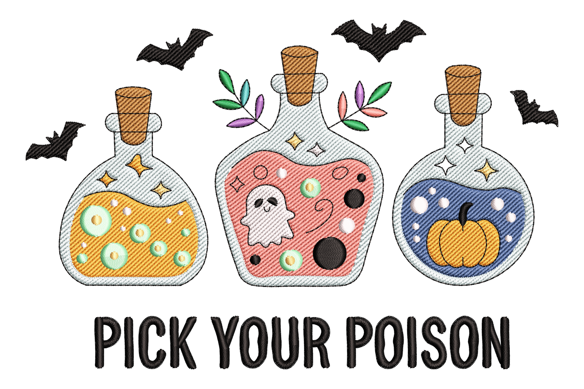 Row of Halloween potion bottles in different shapes and colours, twelve-colour palette with purples, greens and orange, whimsical storybook illustration style on white.