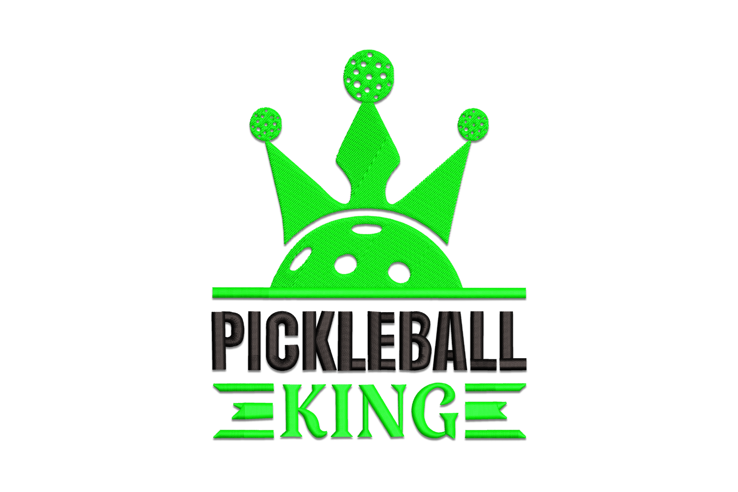 Pickleball King embroidery design with green crown, pickleball orbs on tips, and bold black and green lettering