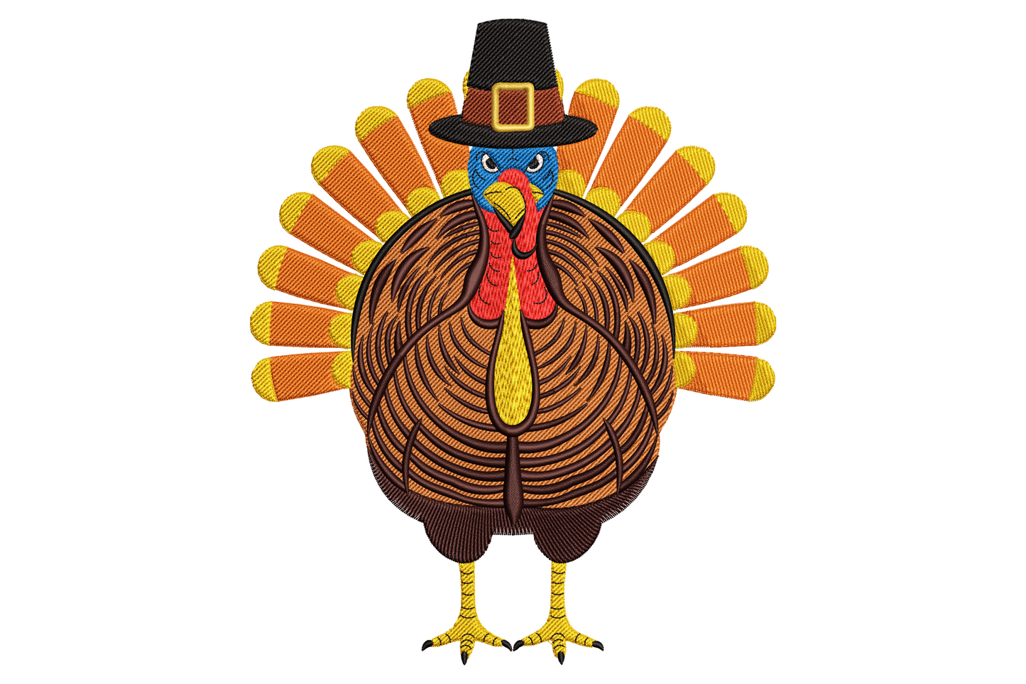Pilgrim turkey Thanksgiving machine embroidery design, turkey wearing pilgrim hat with autumn tail feathers, 10 colours, 2.85 inches wide
