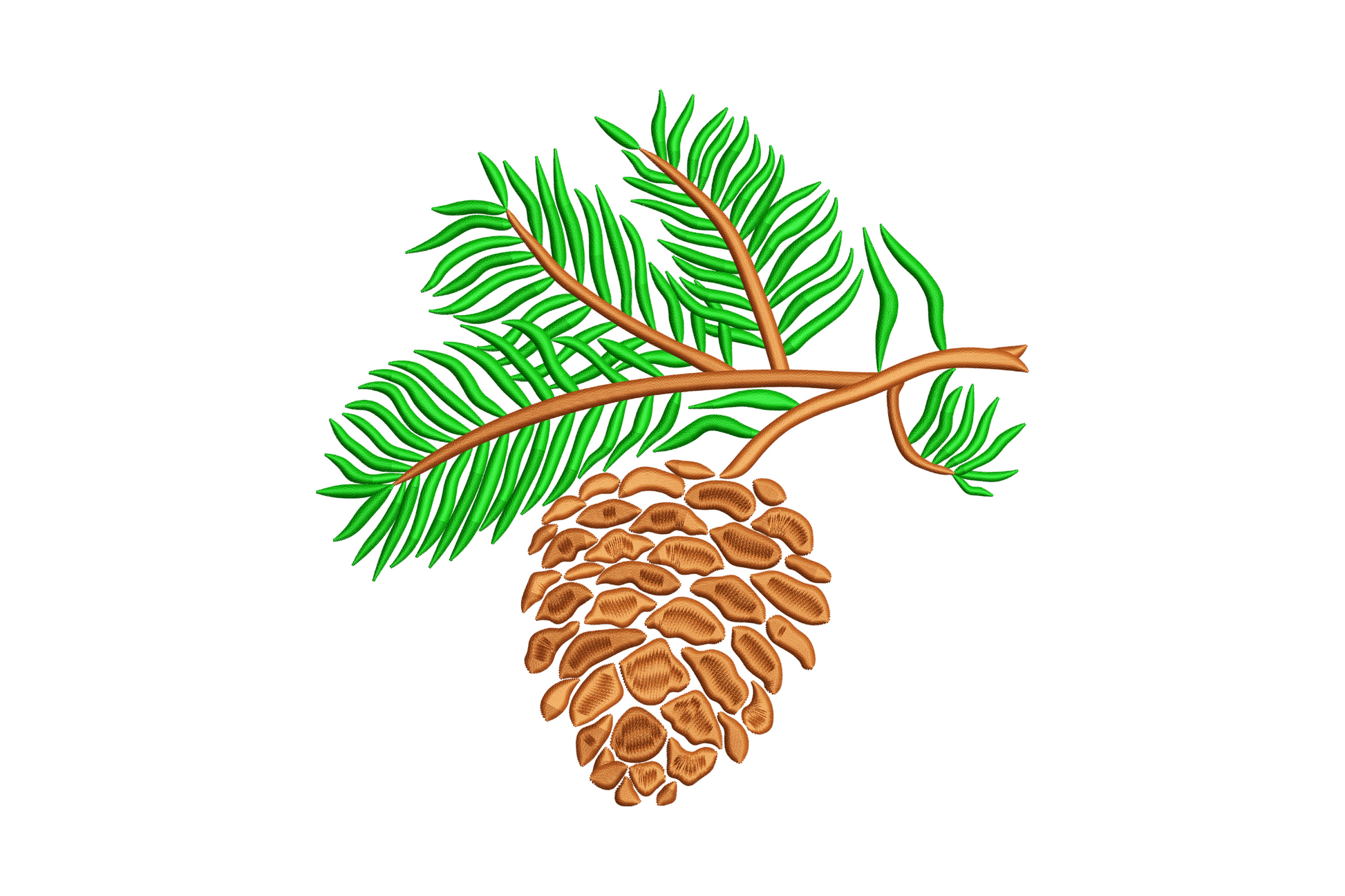Pine cone with evergreen branch embroidery design, dark green needles and brown cone, machine embroidery