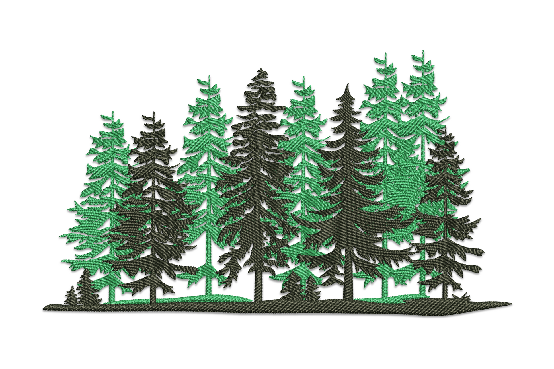 Pine forest embroidery design with dense cluster of tall pine trees in two shades of forest green, wide landscape format.