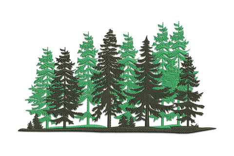Pine forest embroidery design with dense cluster of tall pine trees in two shades of forest green, wide landscape format.