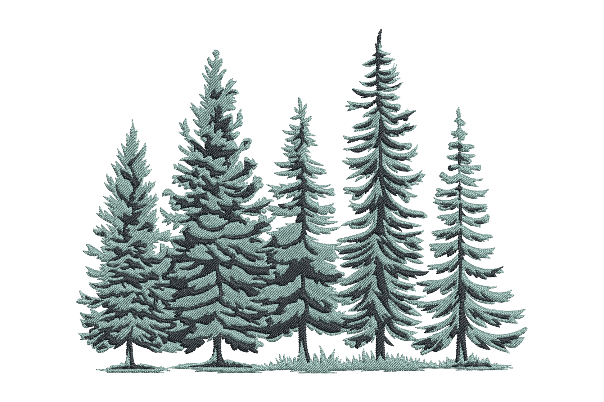 Pine forest silhouette embroidery design in deep forest green, layered conifer trees of varying heights creating a landscape scene, high-density fill, two colours.