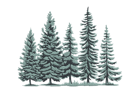 Pine forest silhouette embroidery design in deep forest green, layered conifer trees of varying heights creating a landscape scene, high-density fill, two colours.