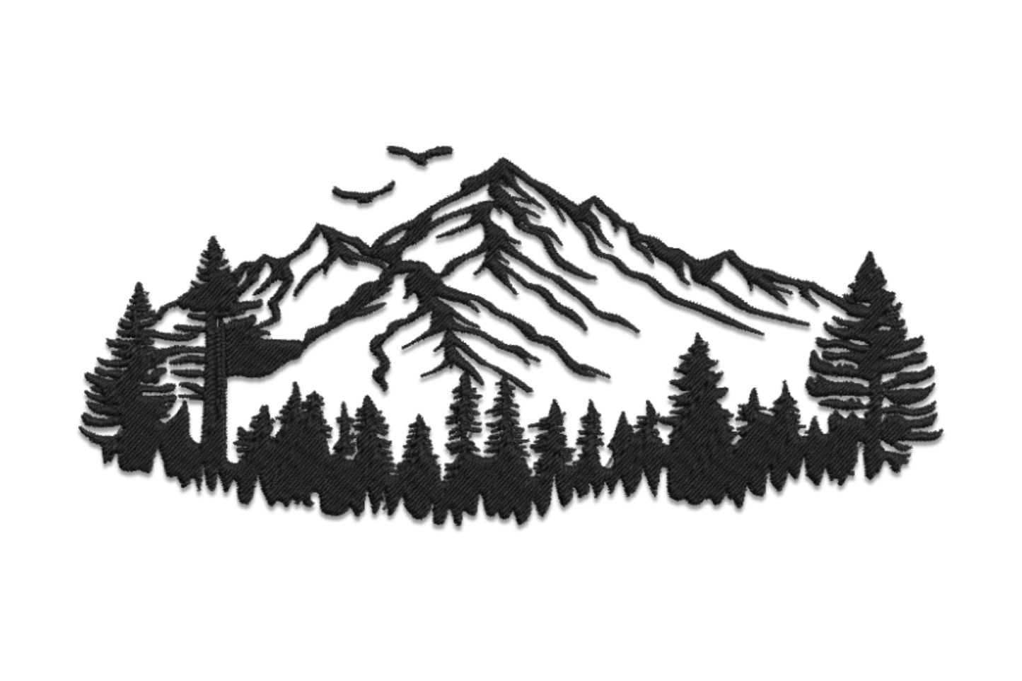 Pine forest mountain silhouette embroidery design, tall narrow solid fill pine trees and mountain peaks, 1 colour.