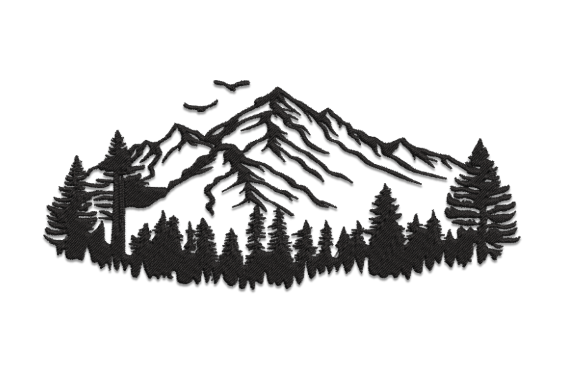 Pine forest mountain silhouette embroidery design, tall narrow solid fill pine trees and mountain peaks, 1 colour.