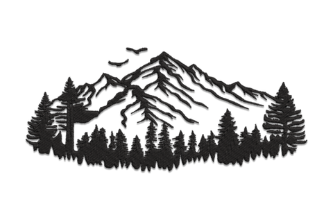 Pine forest mountain silhouette embroidery design, tall narrow solid fill pine trees and mountain peaks, 1 colour.