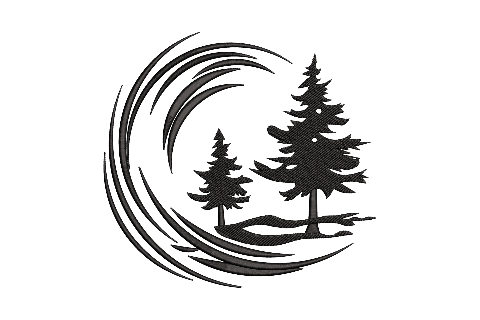 Crescent moon filled with curved arc lines, two pine tree silhouettes in lower section, single dark thread woodland night scene embroidery