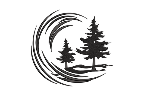 Crescent moon filled with curved arc lines, two pine tree silhouettes in lower section, single dark thread woodland night scene embroidery
