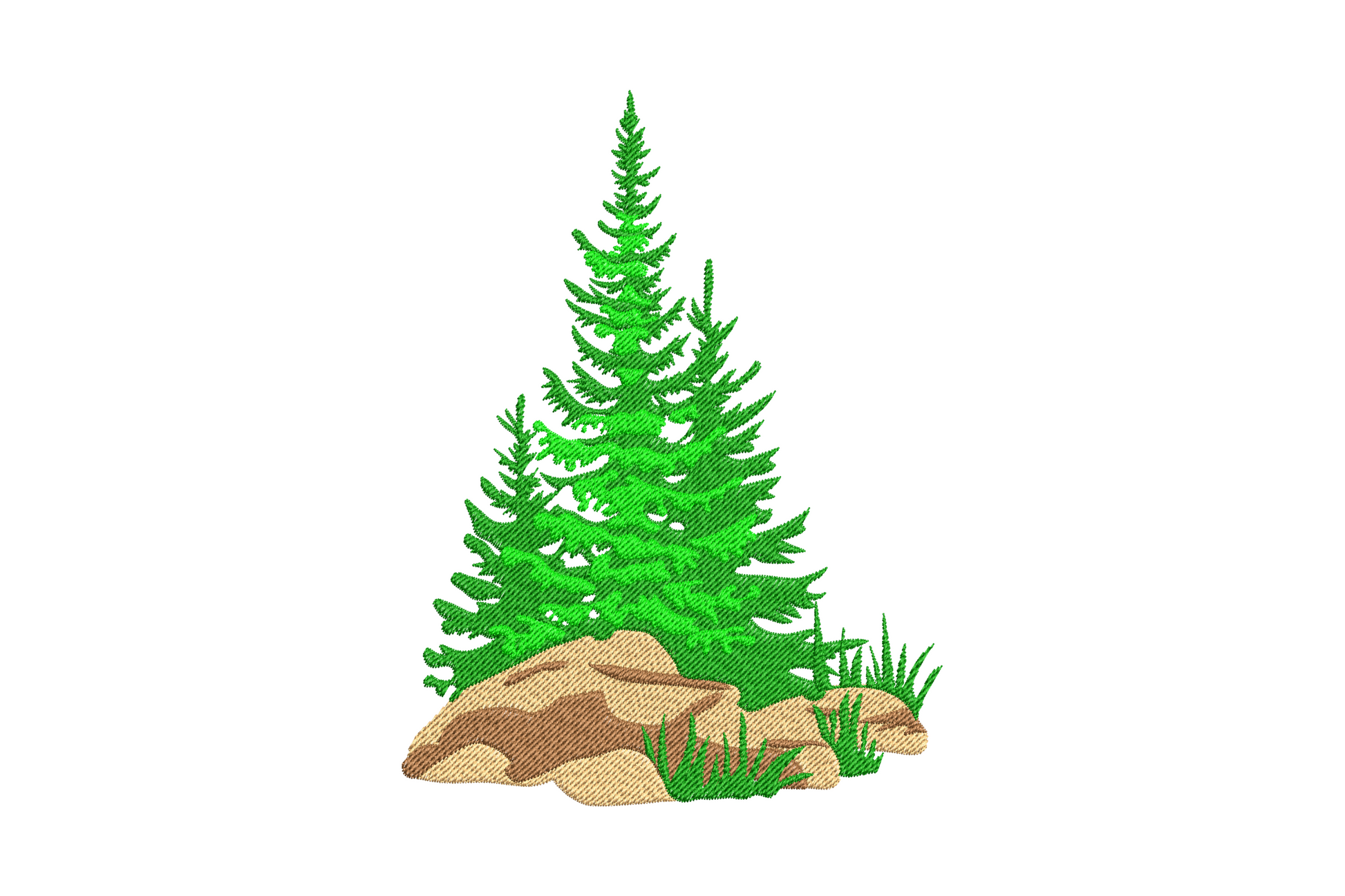 Pine trees on rocks embroidery with two overlapping pines, boulder rocks and grass shoots in green and tan thread on white