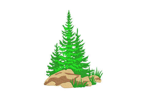 Pine trees on rocks embroidery with two overlapping pines, boulder rocks and grass shoots in green and tan thread on white