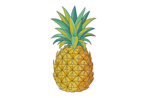 Pineapple embroidery design with diamond-pattern skin texture and crown leaves, 9 colours, tropical summer style on white background