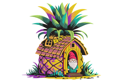 Pineapple gnome house embroidery design with a bearded gnome in the arched doorway, golden yellow and purple fruit body, teal tropical leaf crown.