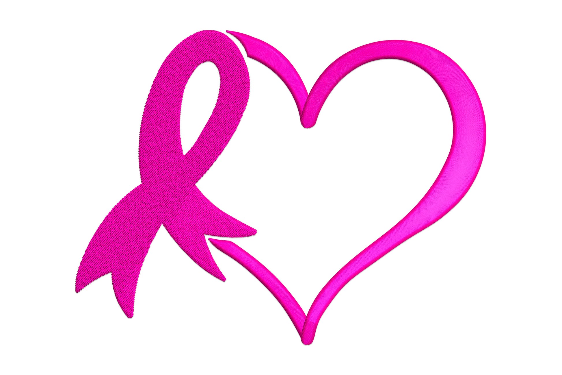 Pink awareness ribbon and open-outline heart embroidery design in hot pink, ribbon solid-filled on left merging into a large open heart outline on right.