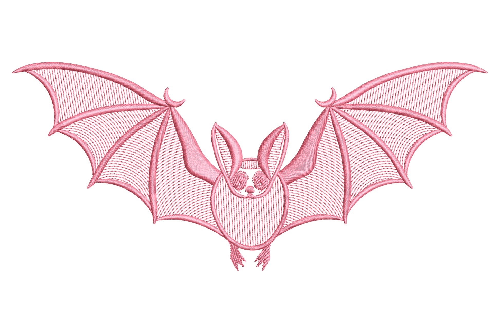 Flat pink bat silhouette in flight, wide wingspan with jagged wing edges and small pointed ears, single colour simple halloween machine embroidery design on white background.