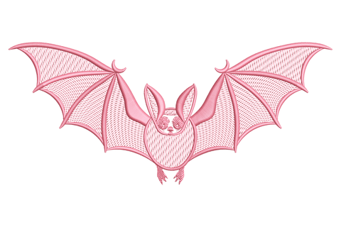 Flat pink bat silhouette in flight, wide wingspan with jagged wing edges and small pointed ears, single colour simple halloween machine embroidery design on white background.
