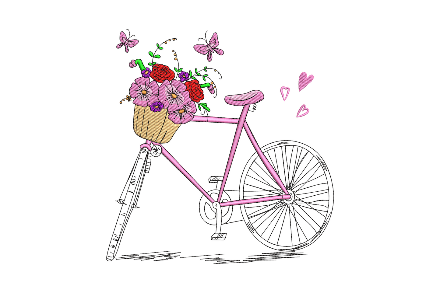 Pink bicycle with flower basket embroidery design, wicker basket overflowing with red roses, pink cosmos and purple blooms, 8 color romantic bike motif