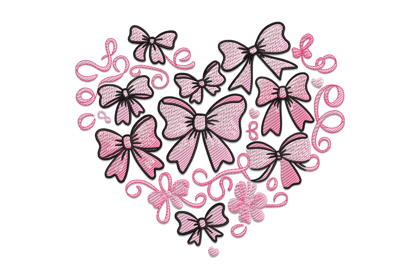 Pink heart embroidery design with decorative satin ribbon bow on top, deep rosy pink fill with coral bow loops and white highlight strip