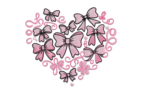 Pink heart embroidery design with decorative satin ribbon bow on top, deep rosy pink fill with coral bow loops and white highlight strip