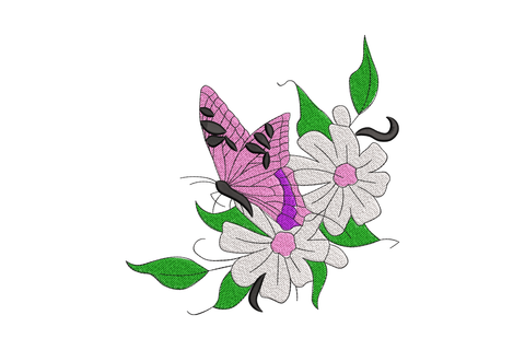 Pink butterfly and daisy embroidery design, pink butterfly with purple markings on white daisy cluster, 5 colors