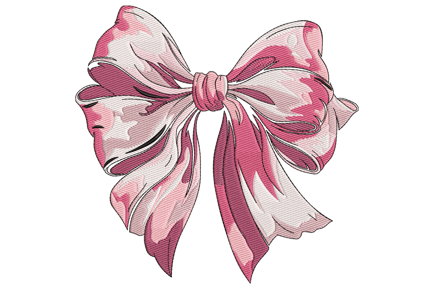 Pink camouflage bow embroidery design with full looped wings and trailing ribbon ends, dusty pink and cream camo blotch pattern with dark rose fold-line outlines.