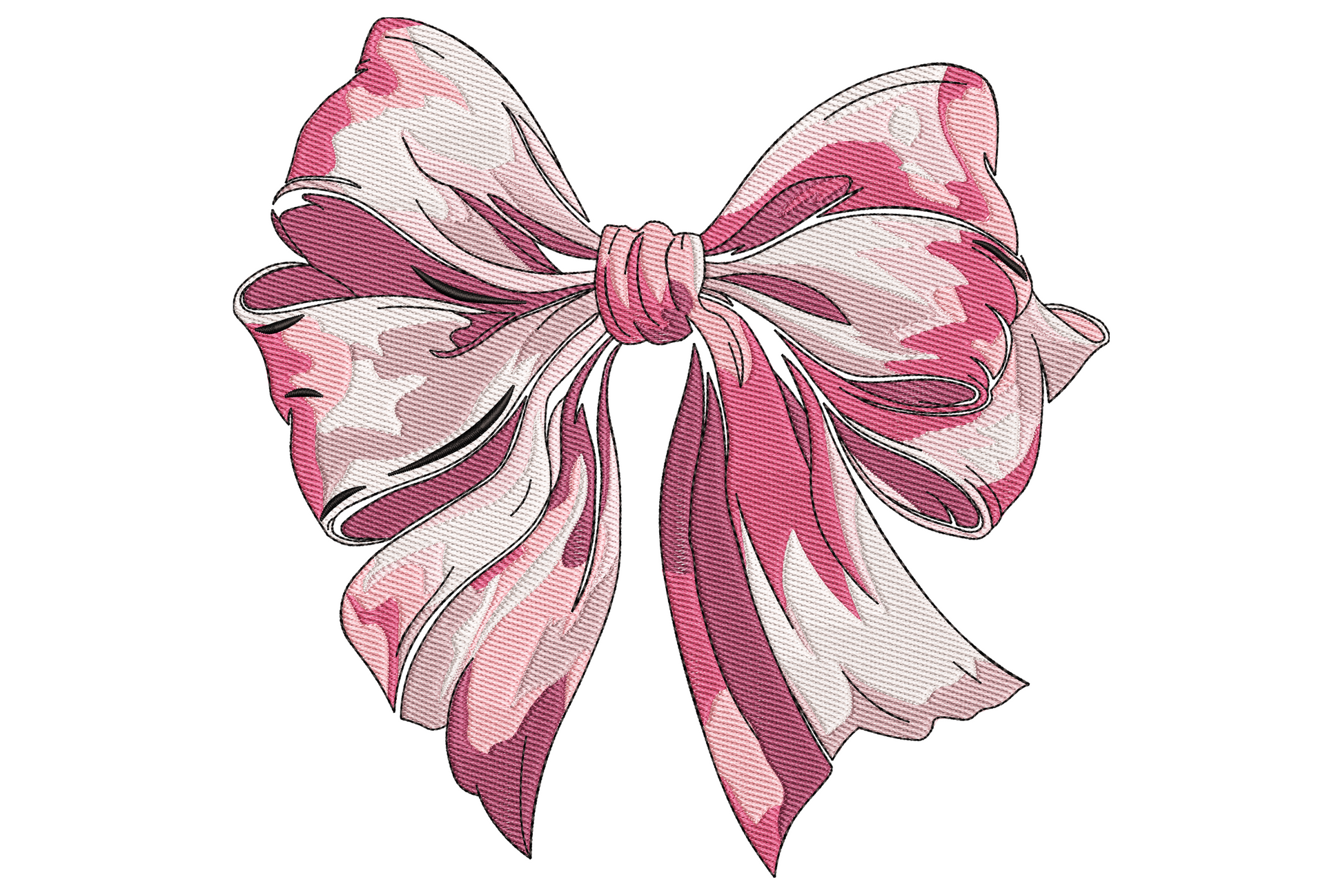 Pink camouflage bow embroidery design with full looped wings and trailing ribbon ends, dusty pink and cream camo blotch pattern with dark rose fold-line outlines.