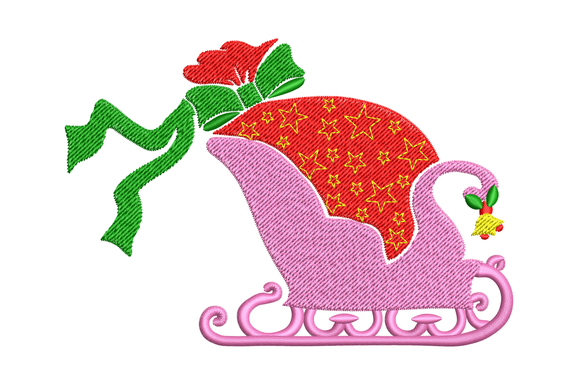 Pink christmas sleigh embroidery design with red star gift bag green bow and santa hat detail, ornate runners, 4 sizes