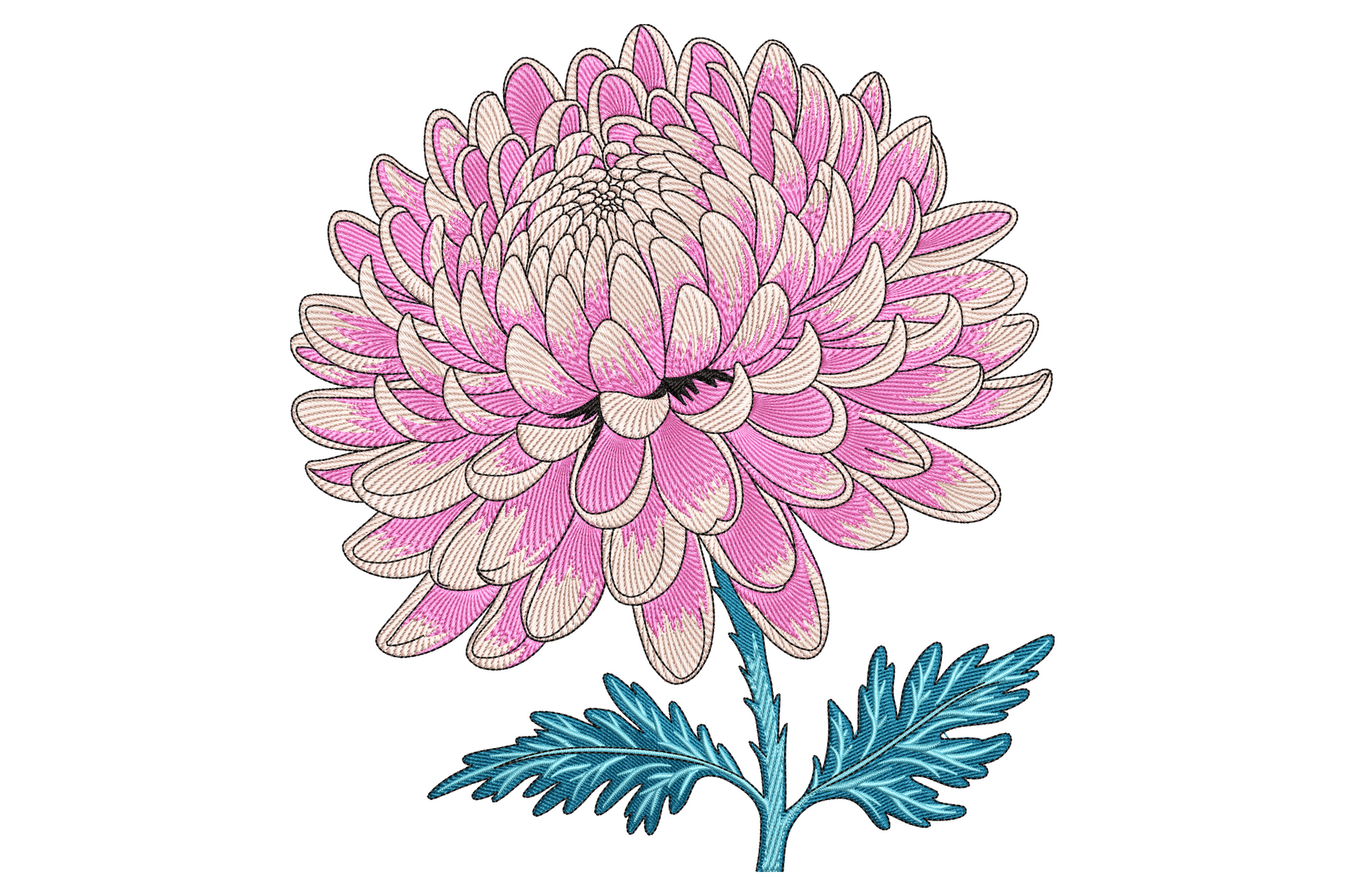 Pink chrysanthemum embroidery design with layered hot pink and blush petals, teal stem and botanical detail, 9 sizes.