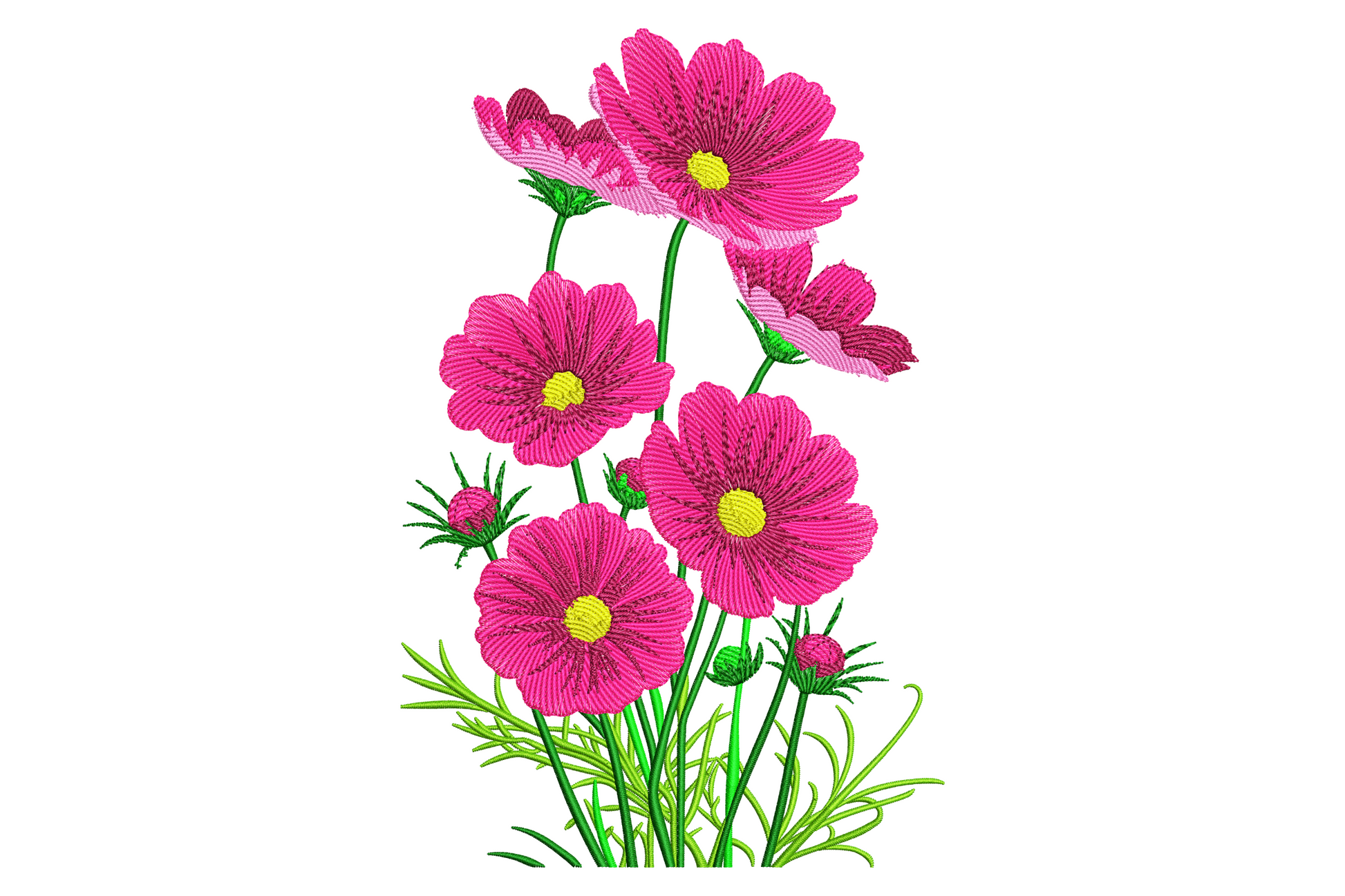 Pink cosmos flower embroidery cluster with hot pink blooms, yellow centres and feathery green ferny stems