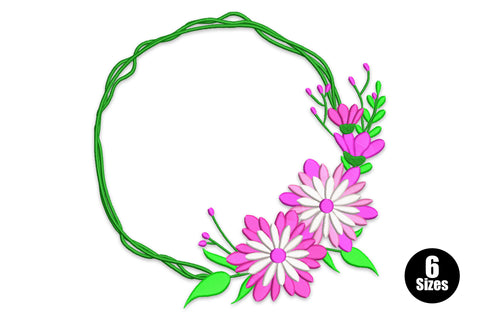 Pink daisy floral wreath embroidery with twisted green vine circle and hot pink blooms at lower right, white background