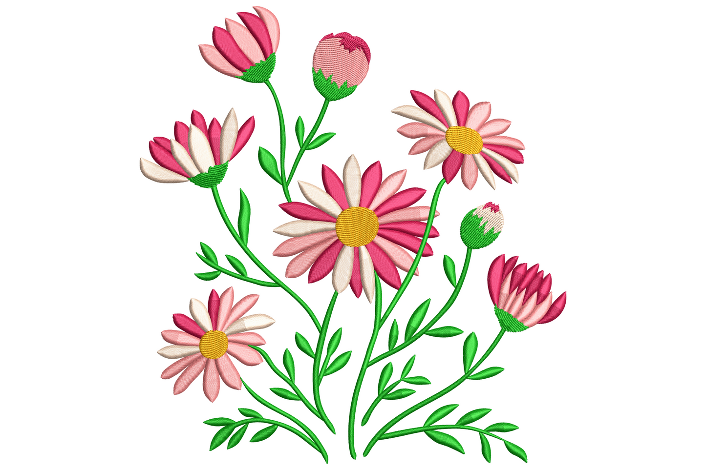 Pink daisy bouquet embroidery with five open daisies, magenta buds and green stems on a wild garden style arrangement