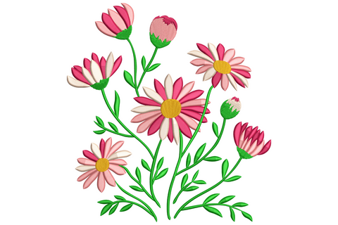 Pink daisy bouquet embroidery with five open daisies, magenta buds and green stems on a wild garden style arrangement