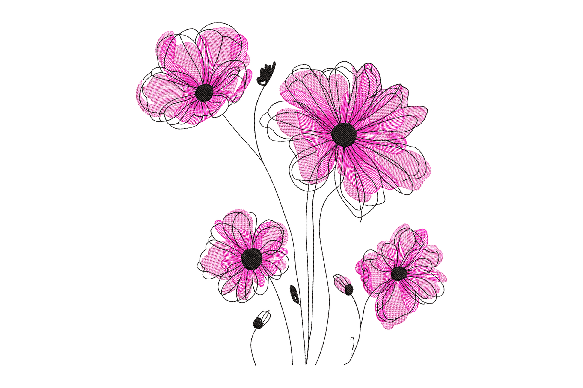 Pink daisy flower embroidery with soft satin petals and yellow centre, 3 colours, 9 sizes 3.5 to 7.5 inches, instant download