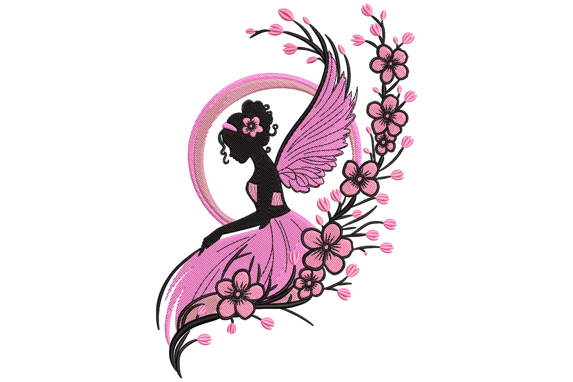 Pink fairy silhouette embroidery design with butterfly wings, cherry blossom branch and moon halo in hot pink and black, 9 sizes.