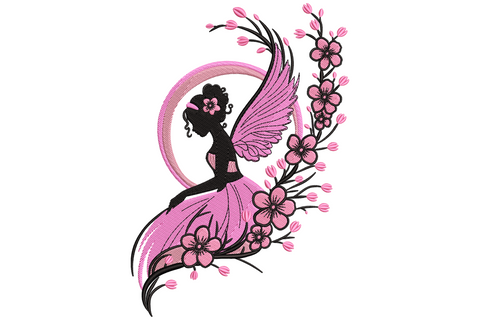 Pink fairy silhouette embroidery design with butterfly wings, cherry blossom branch and moon halo in hot pink and black, 9 sizes.